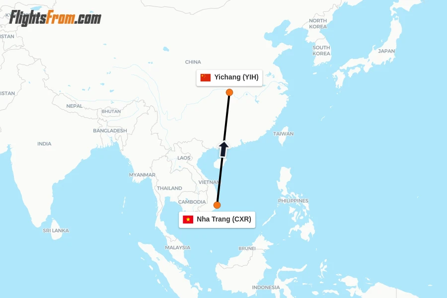 Flights from Nha Trang to Yichang route map