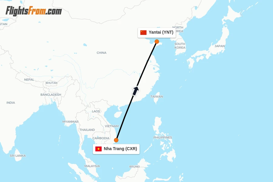 Flights from Nha Trang to Yantai route map
