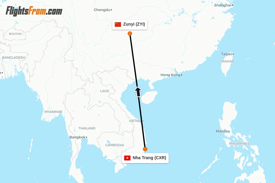 Flights from Nha Trang to Zunyi route map