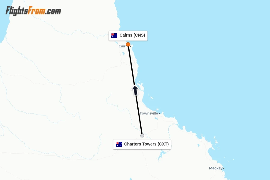 Flights from Charters Towers to Cairns route map