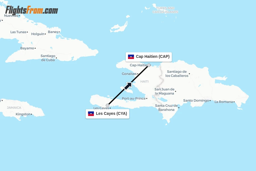 Flights from Les Cayes to Cap Haitien route map