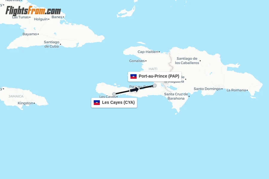 Flights from Les Cayes to Port-au-Prince route map