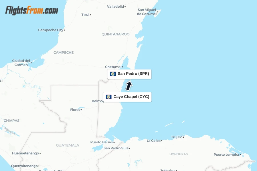 Flights from Caye Chapel to San Pedro route map