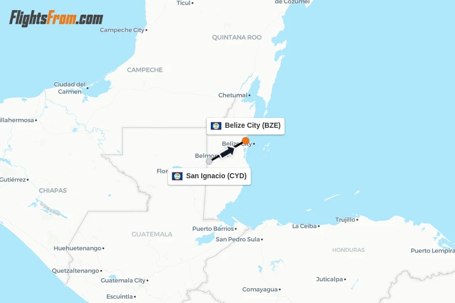 Flights from San Ignacio to Belize City route map