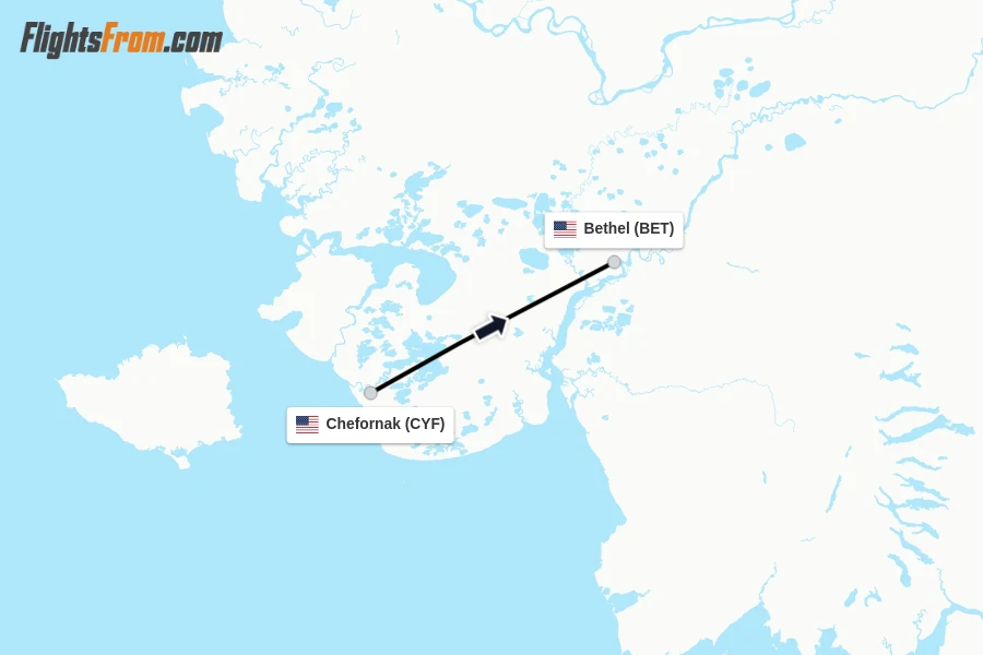 Flights from Chefornak to Bethel route map