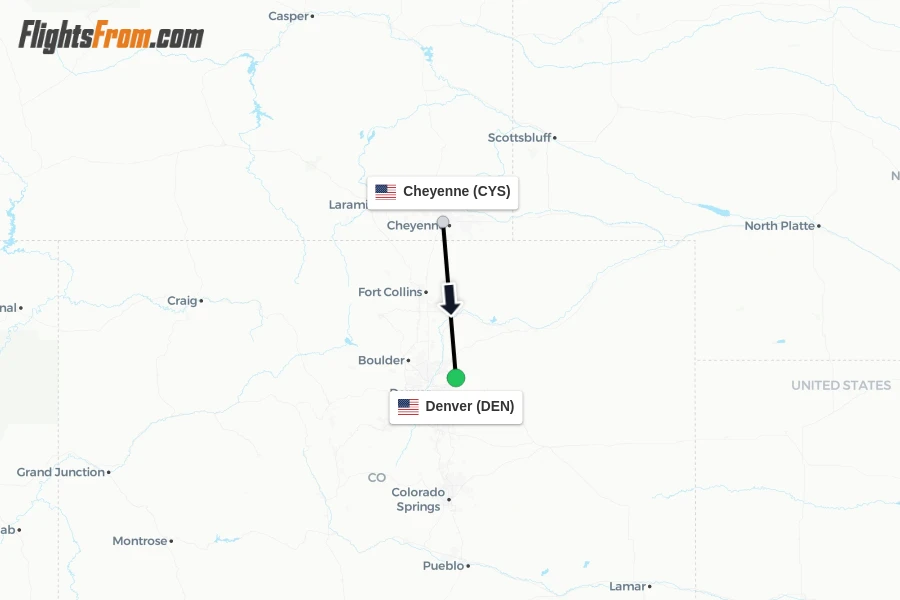Flights from Cheyenne to Denver route map