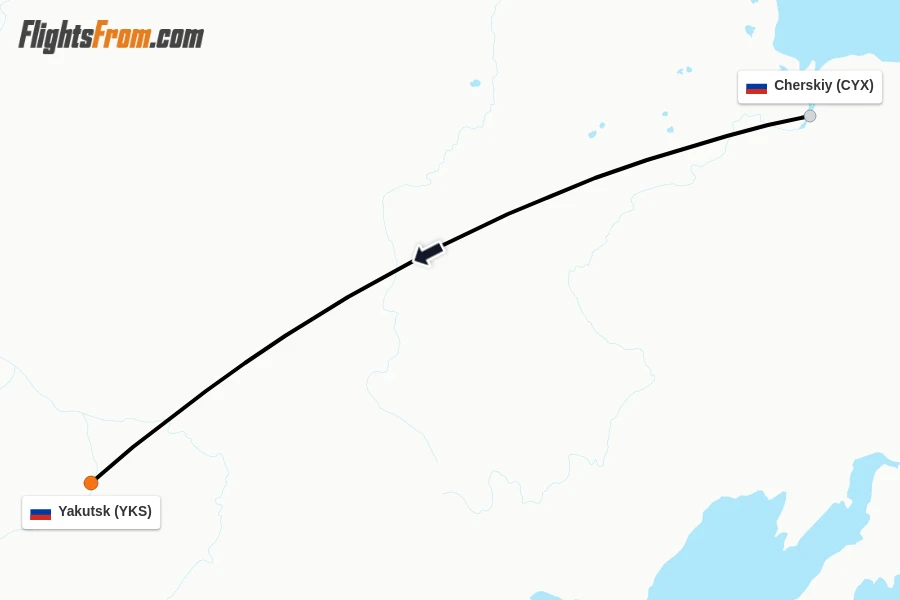 Flights from Cherskiy to Yakutsk route map