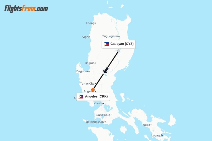 Flights from Cauayan to Angeles route map