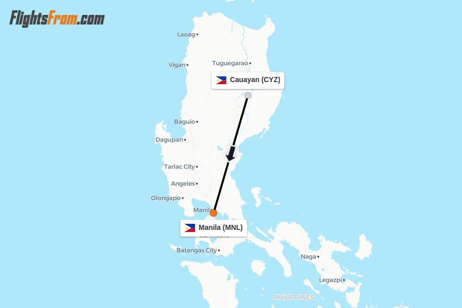 Flights from Cauayan to Manila route map