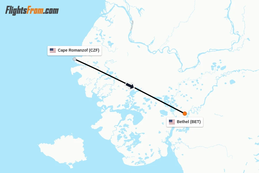 Flights from Cape Romanzof to Bethel route map