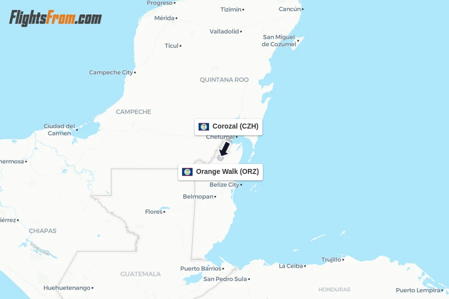 Flights from Corozal to Orange Walk route map