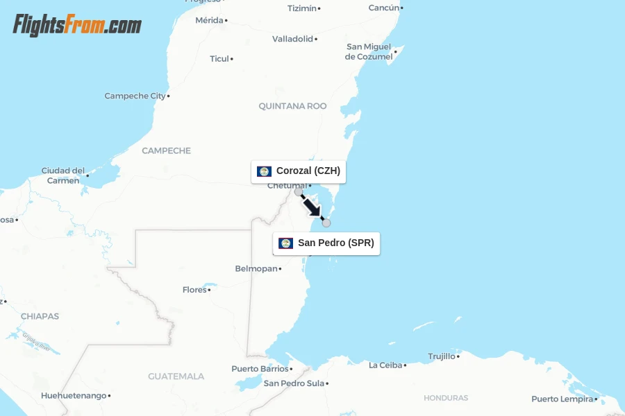 Flights from Corozal to San Pedro route map