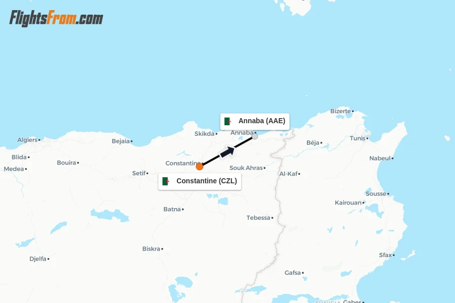 Flights from Constantine to Annaba route map
