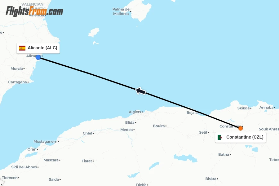 Flights from Constantine to Alicante route map