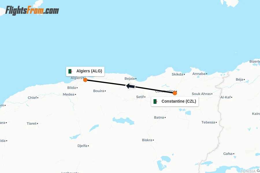 Flights from Constantine to Algiers route map