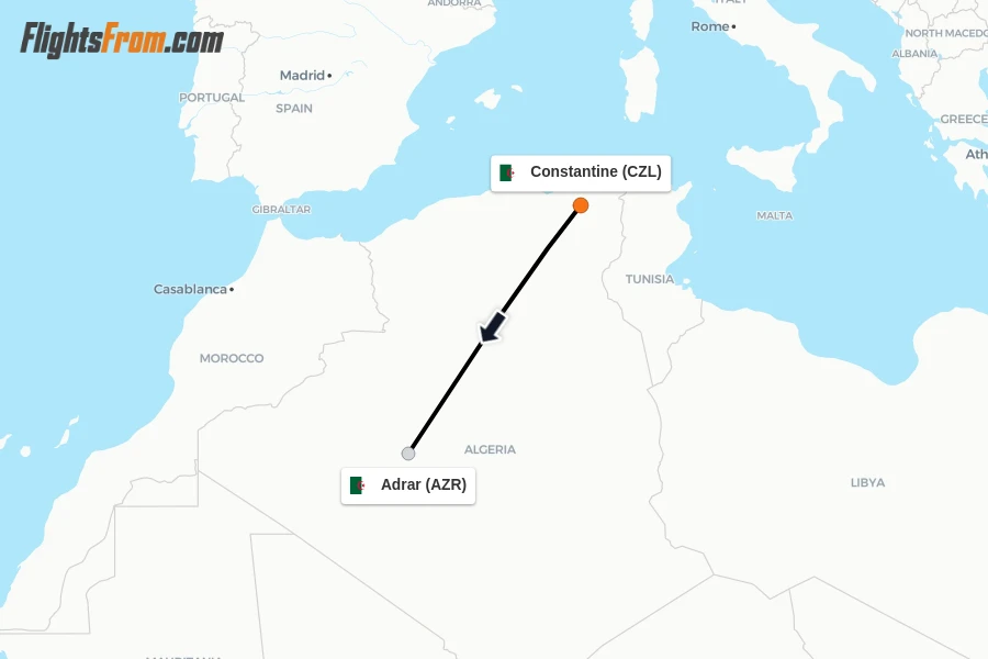 Flights from Constantine to Adrar route map