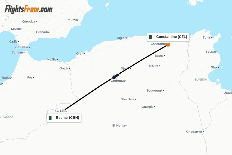 Flights from Constantine to Bechar route map
