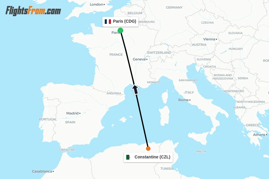 Flights from Constantine to Paris route map