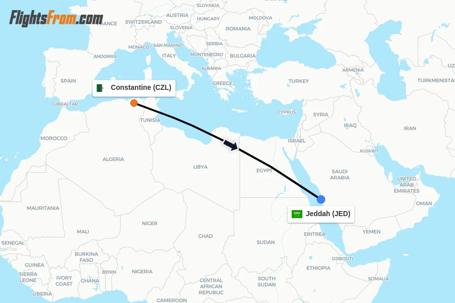 Flights from Constantine to Jeddah route map