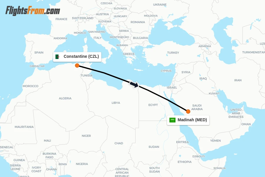 Flights from Constantine to Madinah route map
