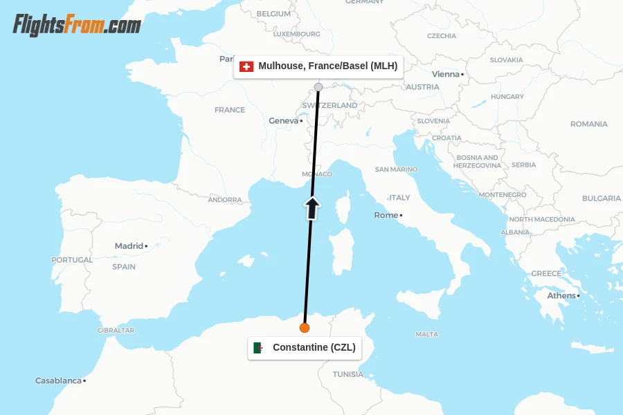 Flights from Constantine to Mulhouse, France/Basel route map