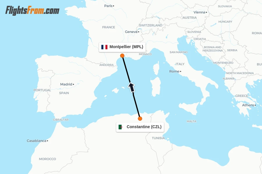 Flights from Constantine to Montpellier route map