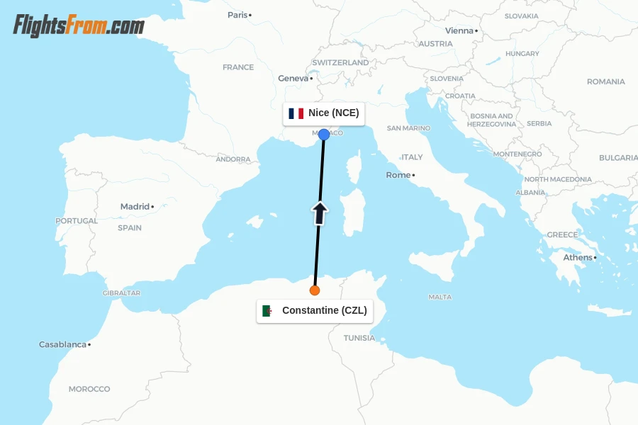 Flights from Constantine to Nice route map