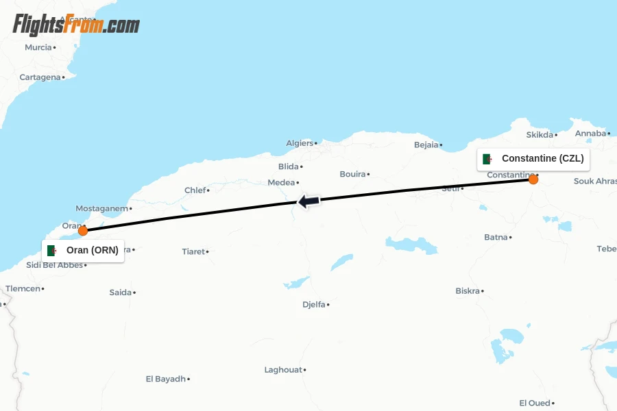 Flights from Constantine to Oran route map