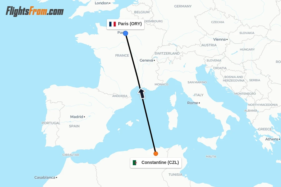 Flights from Constantine to Paris route map