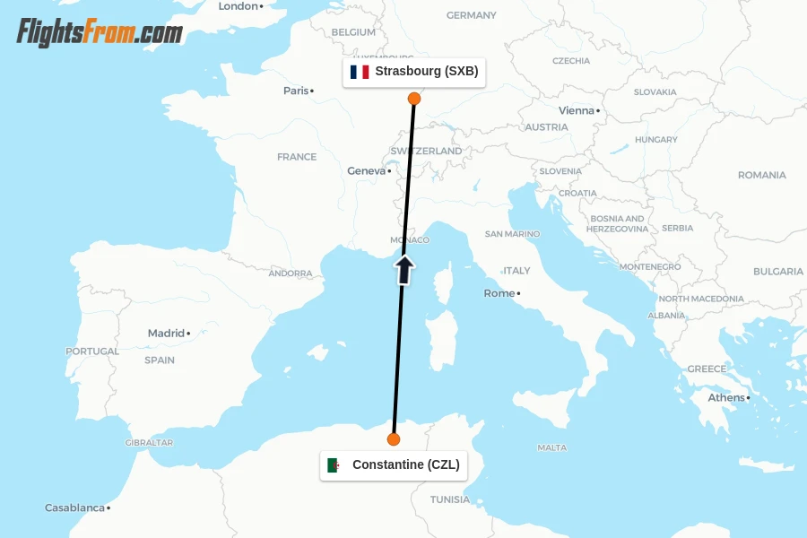 Flights from Constantine to Strasbourg route map