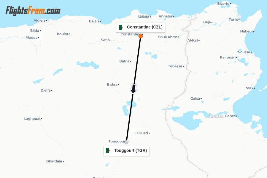 Flights from Constantine to Touggourt route map