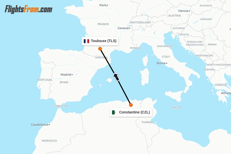 Flights from Constantine to Toulouse route map
