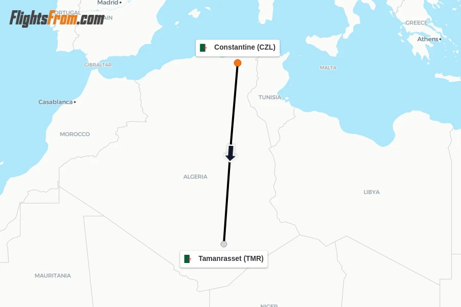 Flights from Constantine to Tamanrasset route map