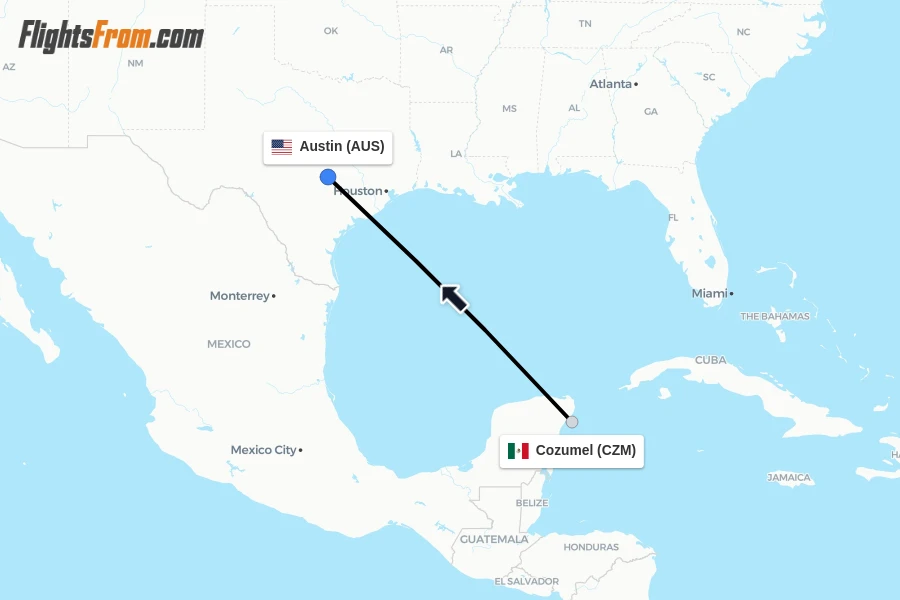 Flights from Cozumel to Austin route map