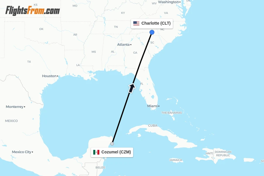 Flights from Cozumel to Charlotte route map