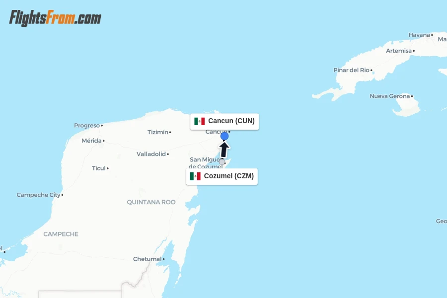 Flights from Cozumel to Cancun route map