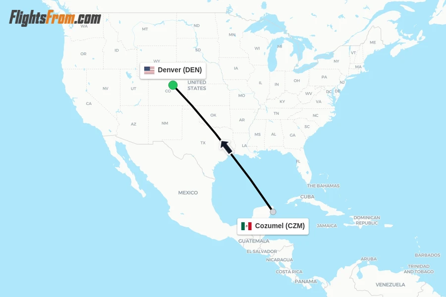 Flights from Cozumel to Denver route map