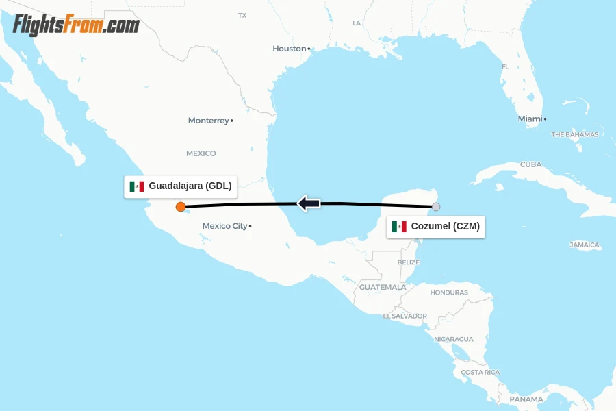 Flights from Cozumel to Guadalajara route map