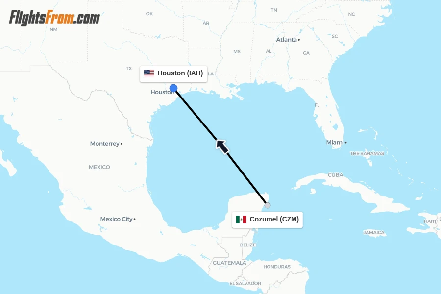 Flights from Cozumel to Houston route map