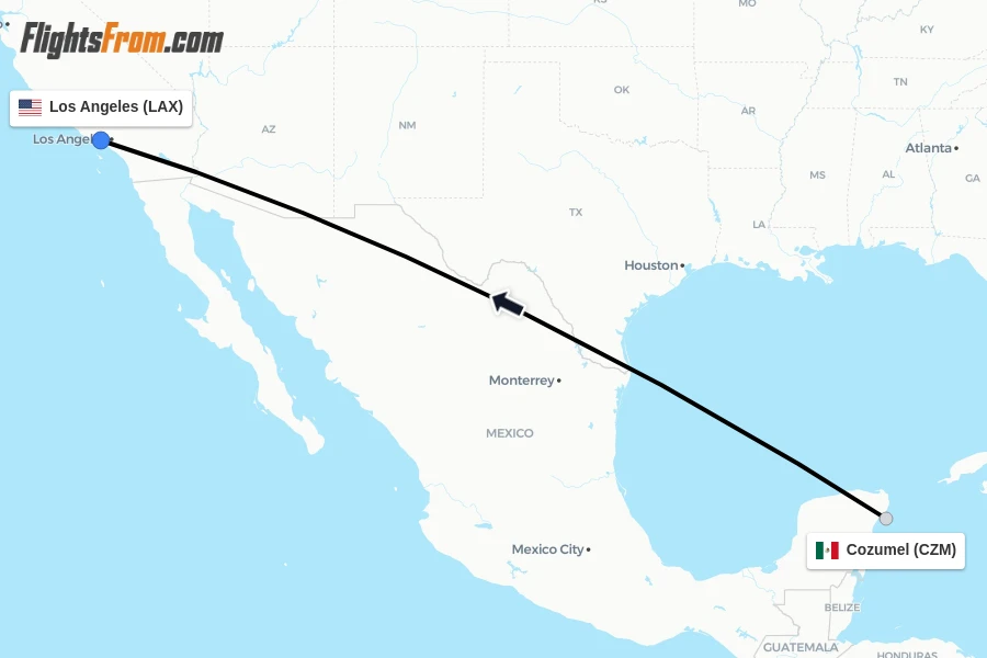 Flights from Cozumel to Los Angeles route map