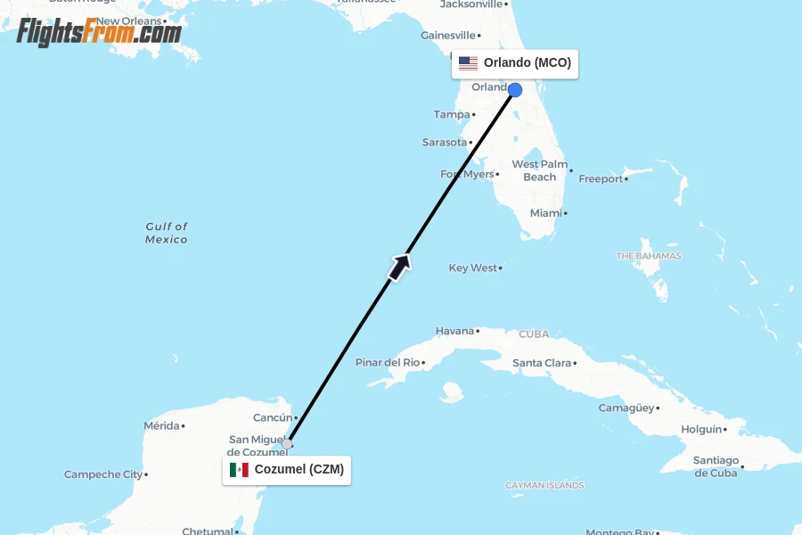 Flights from Cozumel to Orlando route map