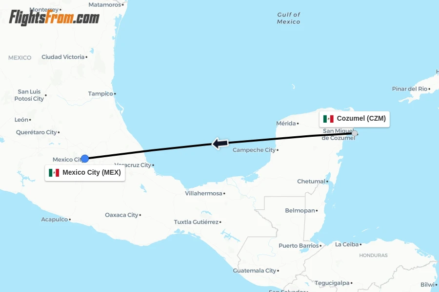 Flights from Cozumel to Mexico City route map