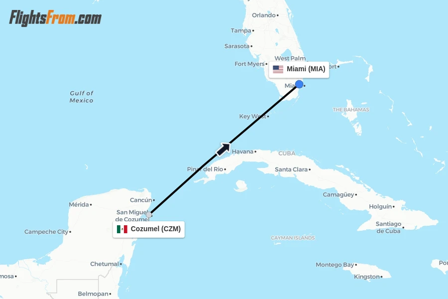 Flights from Cozumel to Miami route map