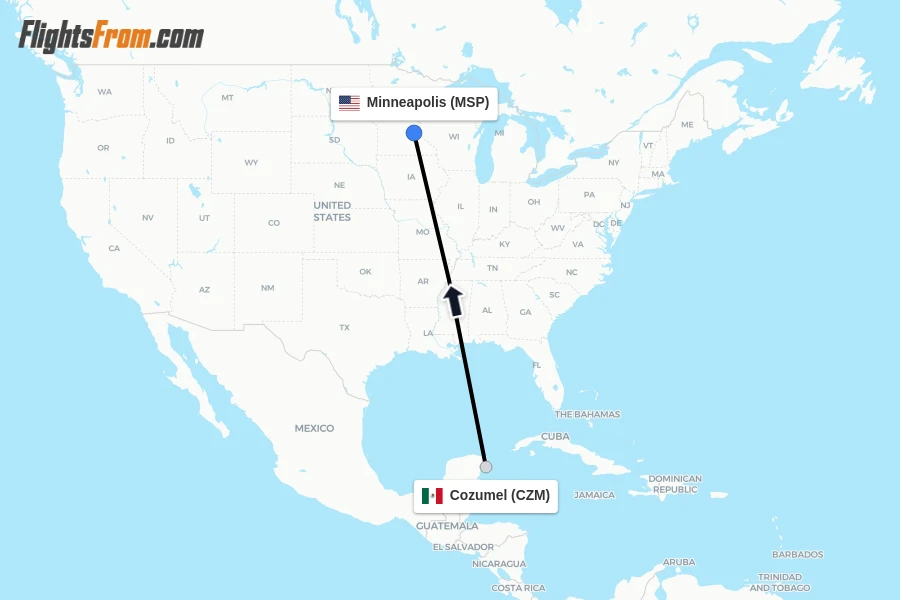 Flights from Cozumel to Minneapolis route map