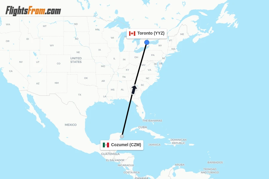 Flights from Cozumel to Toronto route map