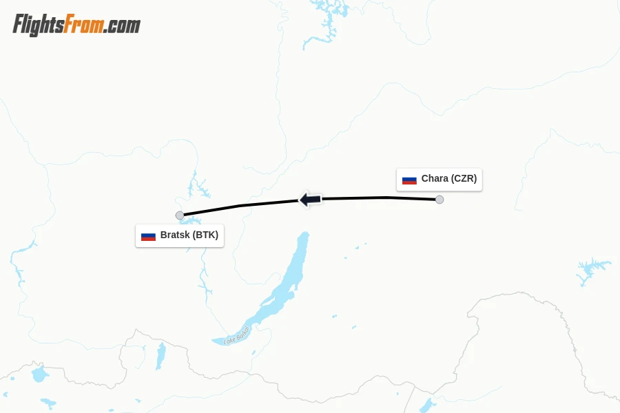 Flights from Chara to Bratsk route map