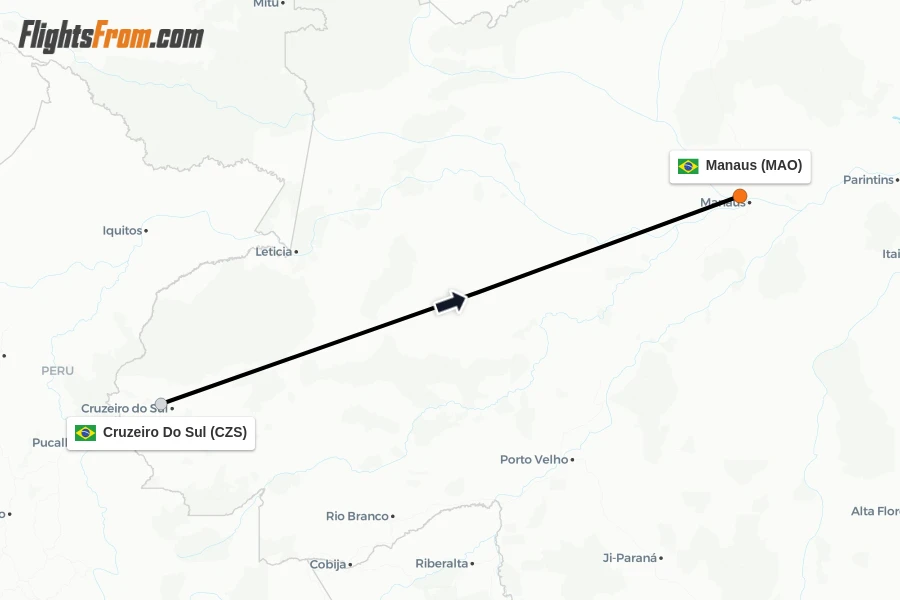 Flights from Cruzeiro Do Sul to Manaus route map