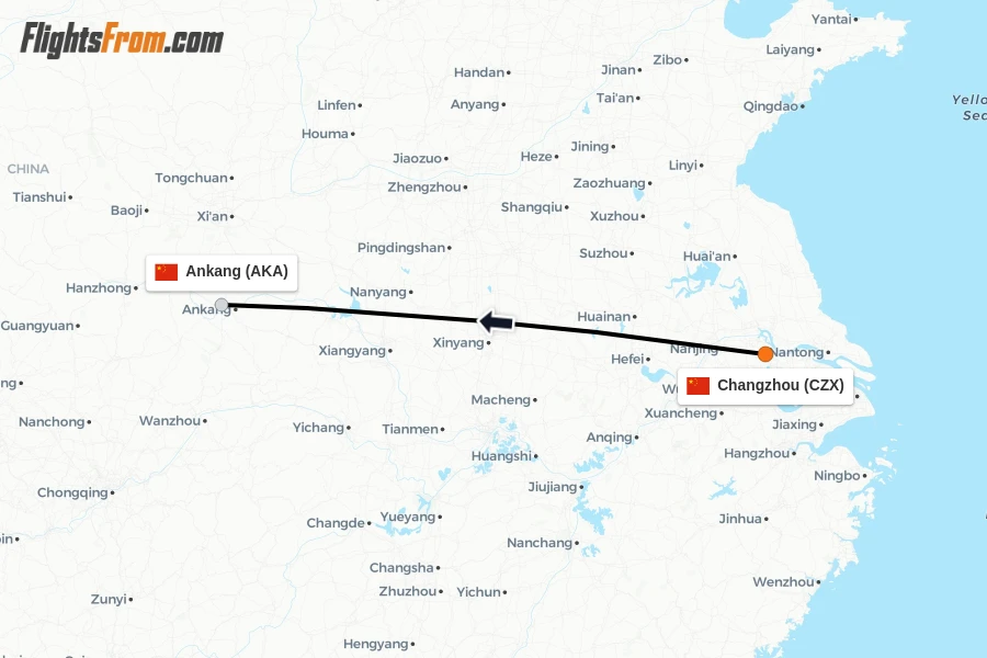 Flights from Changzhou to Ankang route map