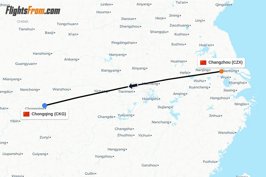 Flights from Changzhou to Chongqing route map