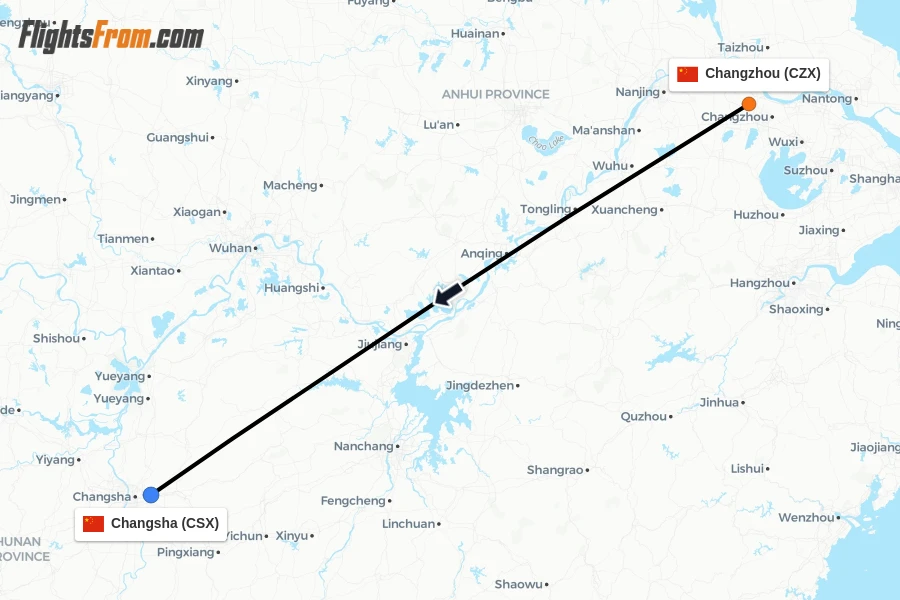 Flights from Changzhou to Changsha route map